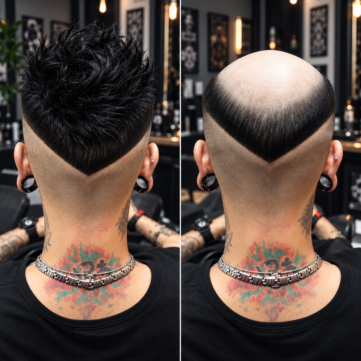 Antes e depois de prótese capilar masculina, exibindo o resultado na parte de trás da cabeça